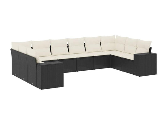 10-piece garden furniture set with cushions, black woven resin