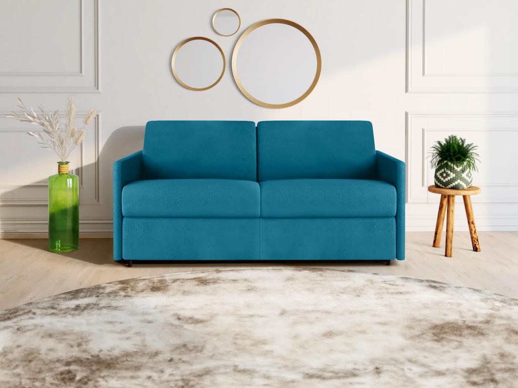 3-seater sofa bed with express conversion in turquoise blue fabric - 140cm wide sleeping area - 18cm mattress