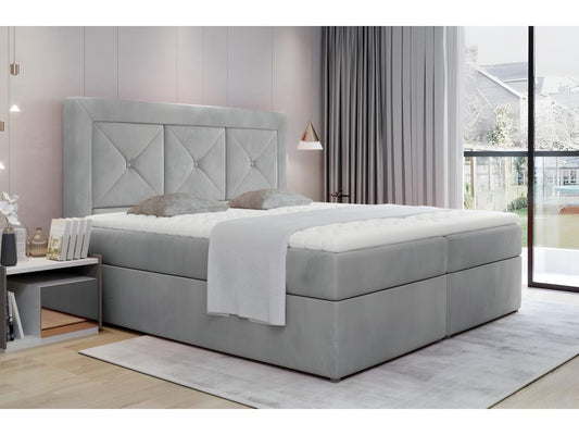 Complete box spring set including headboard, bed base, mattress, and mattress topper - luxury grey velvet - 140x200 cm