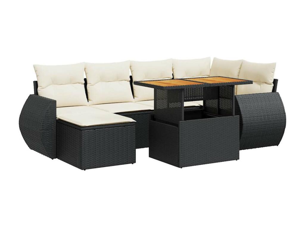 7-piece garden furniture set with cushions, black woven resin