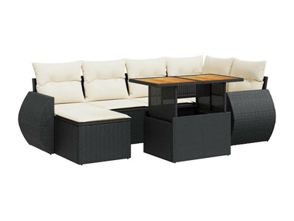 7-piece garden furniture set with cushions, black woven resin