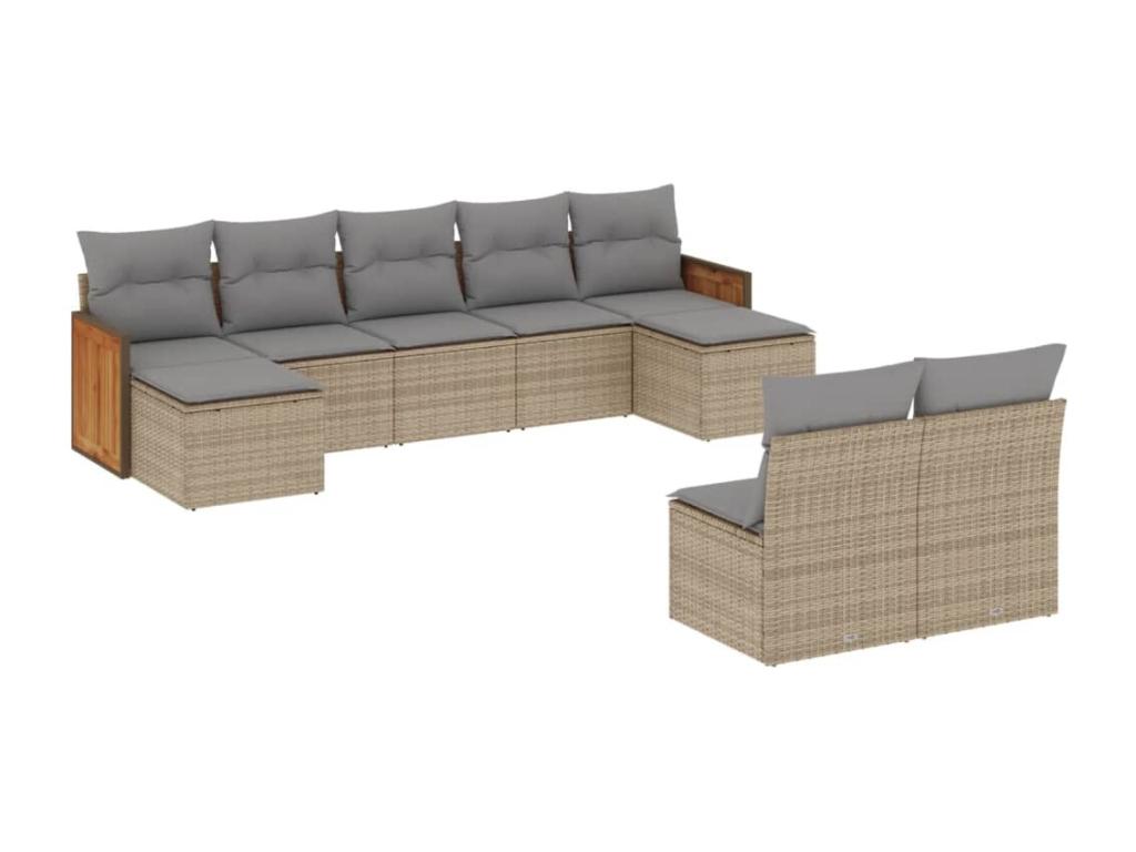 9-piece garden furniture set with cushions, beige woven resin