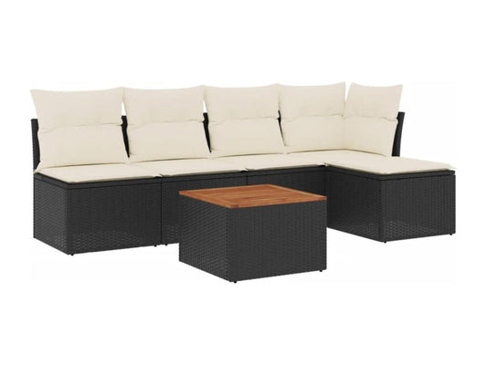 6-piece garden furniture set with cushions, black woven resin
