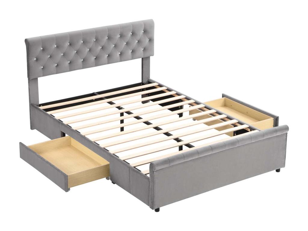 140x200cm velvet bed with 2 drawers - sled-shaped footboard - Grey