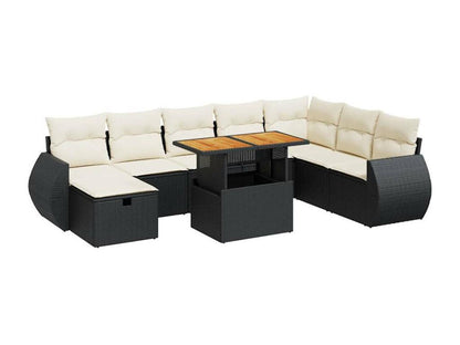Garden furniture set with cushions, 9 pieces, black woven resin