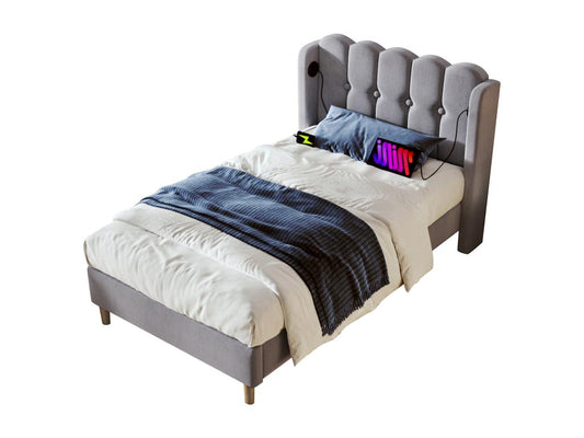 Upholstered bed 90x200 cm for child or adult - USB type C - linen fabric - grey