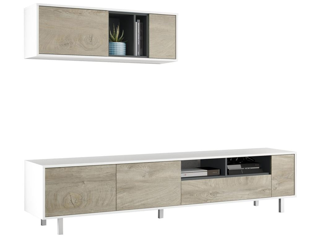 Two-piece TV unit set in white knotted oak finish - Height 47 x Length 200 x Depth 40 cm