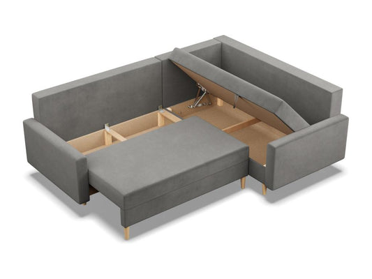 Right-hand corner sofa with sleeping function, reversible cushion, light grey