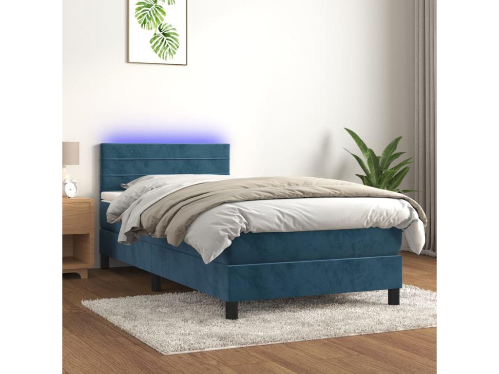 Upholstered bed base and mattress with LED lighting, dark blue, 80x200cm, velvet