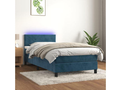 Upholstered bed base and mattress with LED lighting, dark blue, 80x200cm, velvet