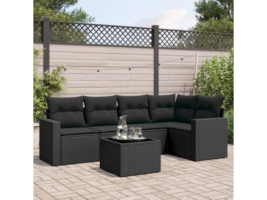 6-piece garden furniture set with cushions, black woven resin