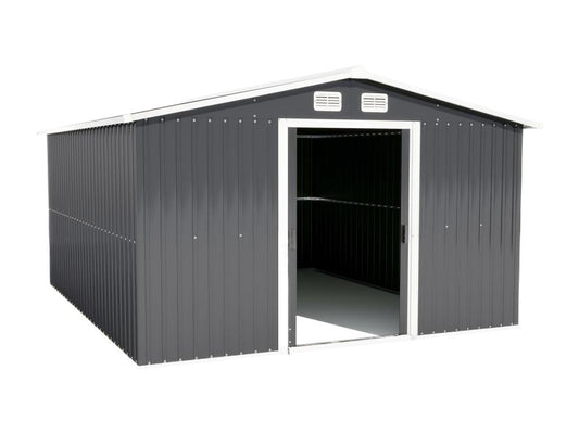 Galvanized steel metal garden shed with sloping roof and lockable door, 334x313x202cm, Grey