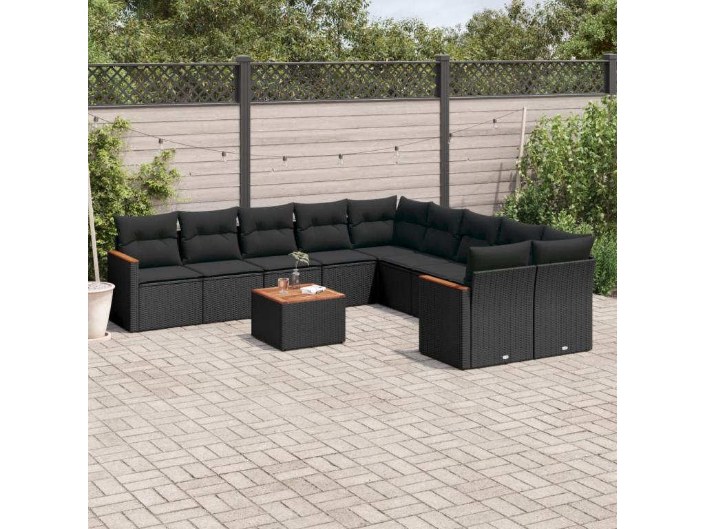11-piece garden furniture set with cushions, black resin wicker