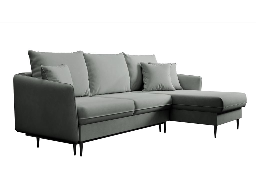 Corner sofa - 223 cm - with sleeping function - water-repellent velvet - grey - black legs -