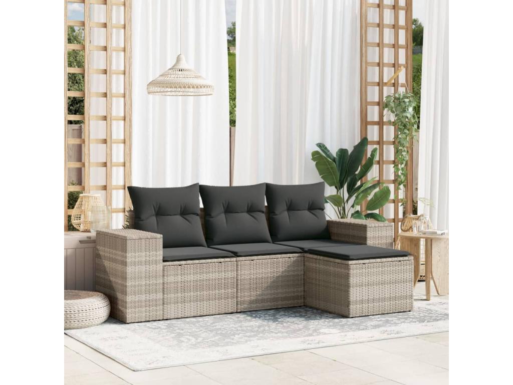 4-piece garden furniture set with light grey cushions, woven resin