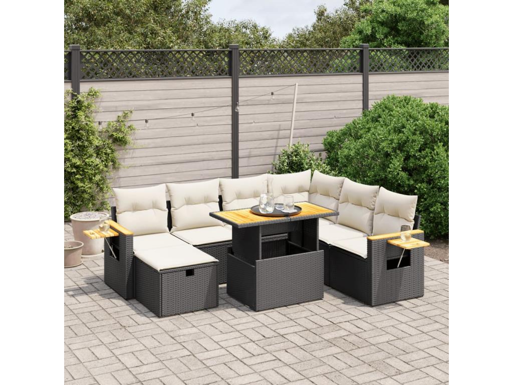 8-piece garden furniture set with cushions, black woven resin