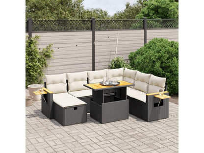 8-piece garden furniture set with cushions, black woven resin