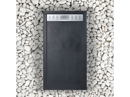80x165 cm shower tray with side grate, Extra Slim black, made of synthetic resin and marble powder, with drain