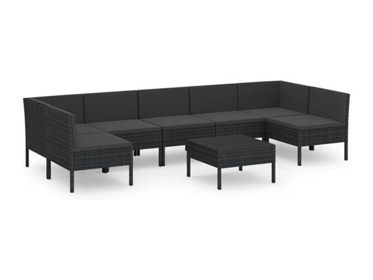 8-piece garden furniture set with cushions, black woven resin