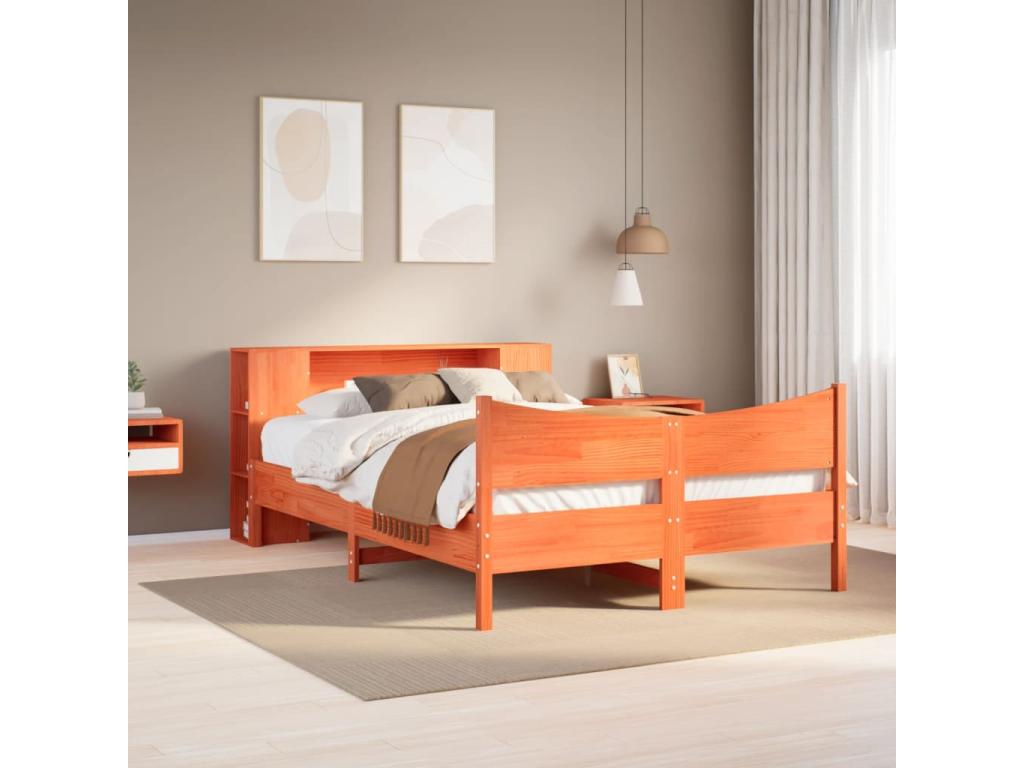 Bed frame without mattress, brown wax finish, 135x190cm, solid pine wood