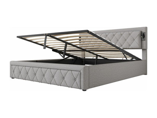180x200 Upholstered bed with auxiliary lighting and USB port, double storage bed, grey linen