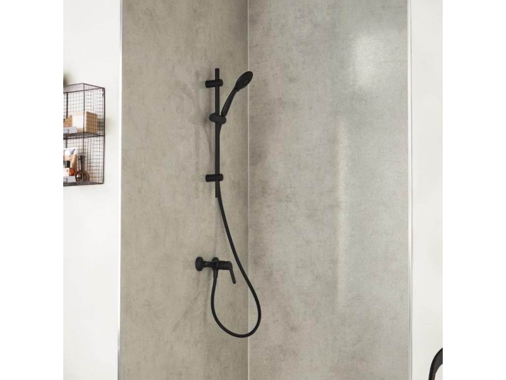 Black mechanical shower mixer pack with shower head and cleaning bar