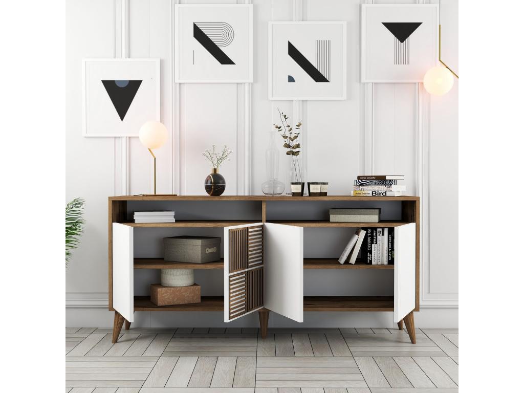 Low sideboard with 4 doors and 2 drawers, 160cm wide, wood and white