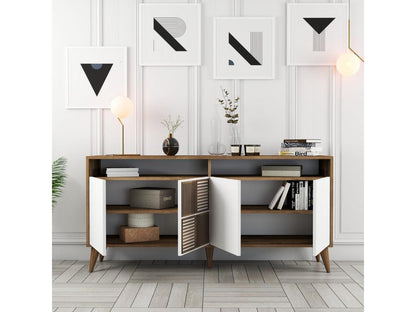 Low sideboard with 4 doors and 2 drawers, 160cm wide, wood and white