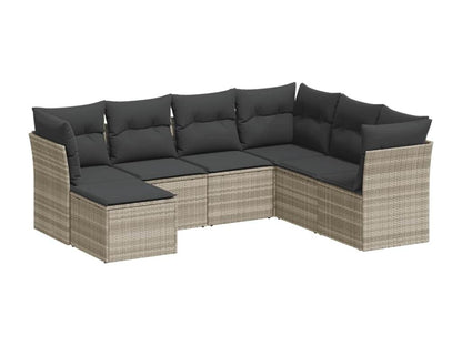 7-piece garden furniture set with cushions, light grey woven resin