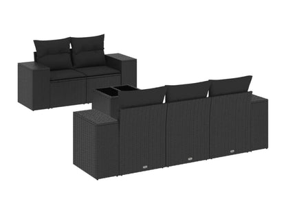 6-piece garden furniture set with cushions, black woven resin