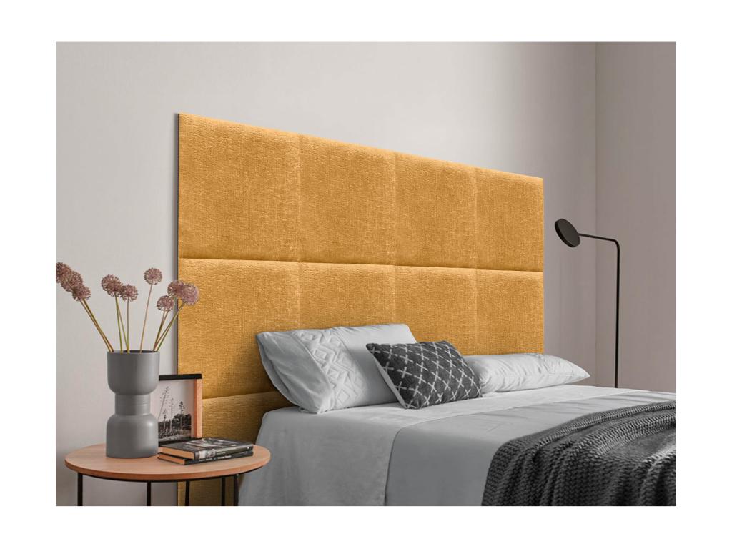 Upholstered Headboard in Eco-Friendly Wool, Composed of Interchangeable Self-Adhesive Panels, Luxury Upholstered Bedroom, Mustard, 90 cm