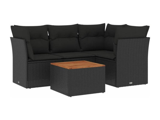 5-piece garden furniture set with cushions, black woven resin