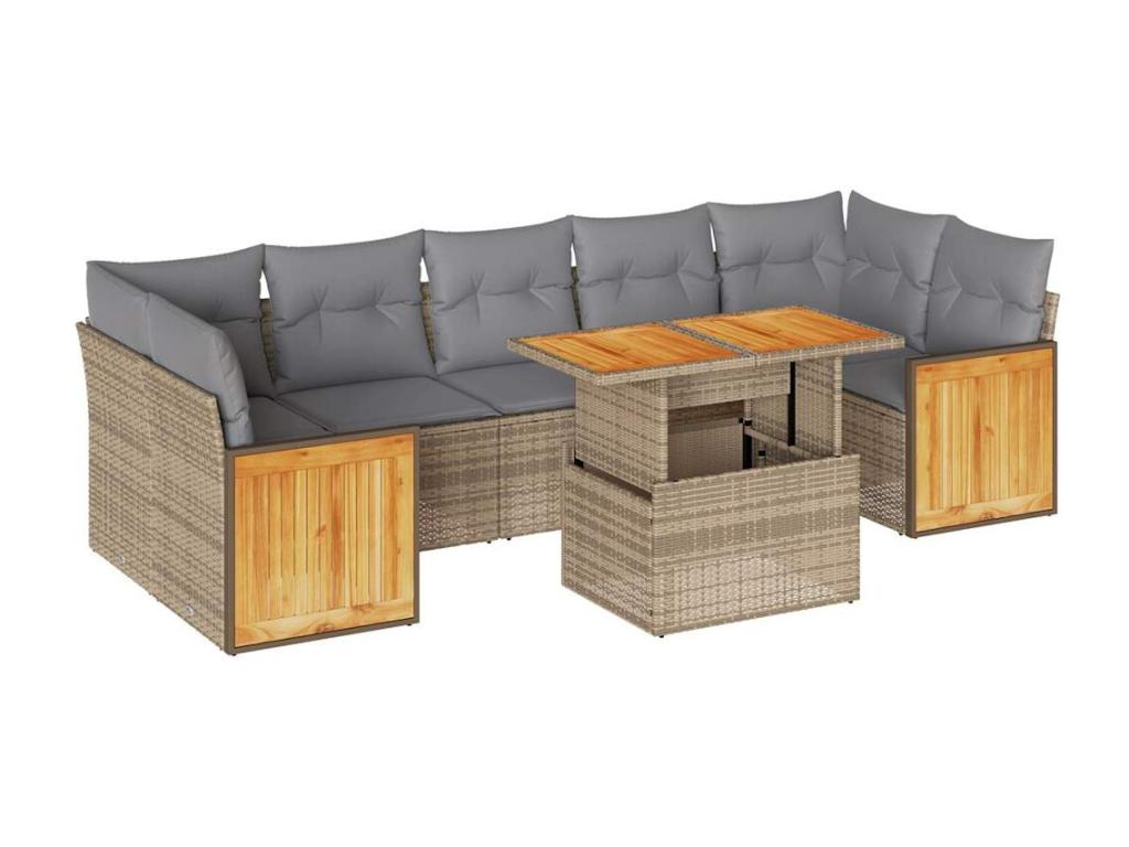 8-piece garden furniture set with cushions, beige woven resin