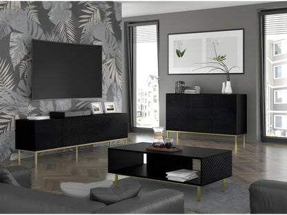 TV stand/Hi-Fi unit on legs, matte black, 200x42x58cm, Ravi C Diamond framed gold base