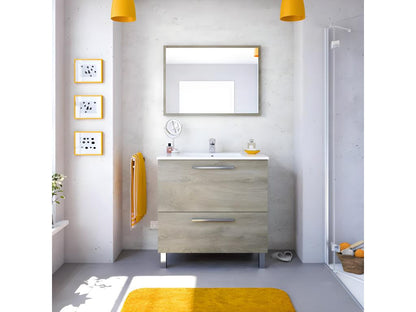 Vanity unit with 2 drawers, 80 cm wide, with sink and mirror, oak finish -