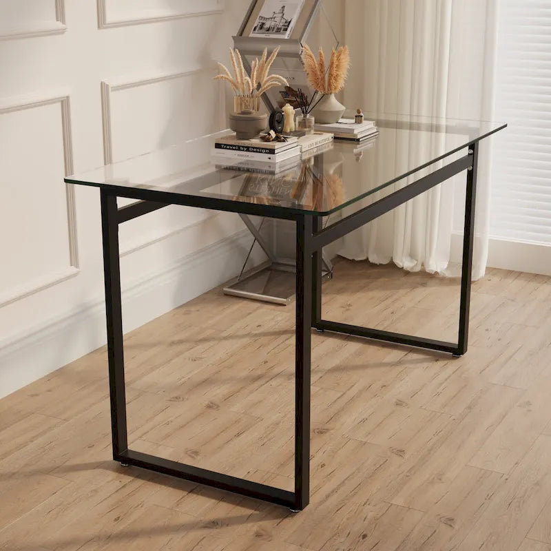 Modern Minimalist Rectangular Glass Dining Table for 4-6 with 0.31 Tempered Glass Tabletop and Black Chrome Metal Legs