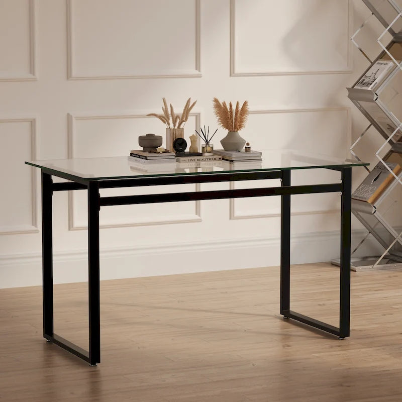 Modern Minimalist Rectangular Glass Dining Table for 4-6 with 0.31 Tempered Glass Tabletop and Black Chrome Metal Legs