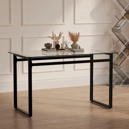 Modern Minimalist Rectangular Glass Dining Table for 4-6 with 0.31 Tempered Glass Tabletop and Black Chrome Metal Legs