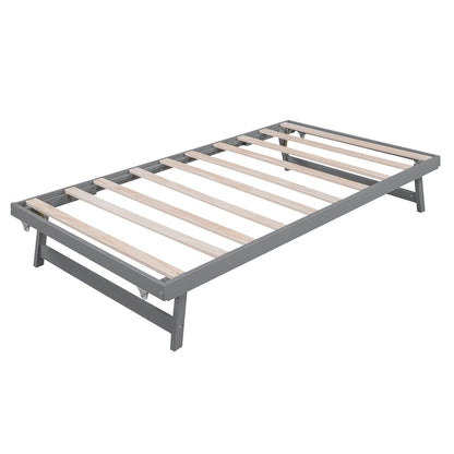 Grey Wood Full Size Platform Bed with Adjustable Trundle