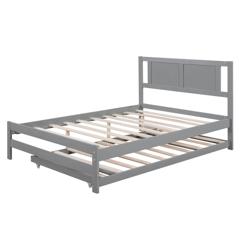 Grey Wood Full Size Platform Bed with Adjustable Trundle