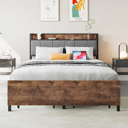 Full Size Bed with Storage Headboard, Two Drawers &Charging Station