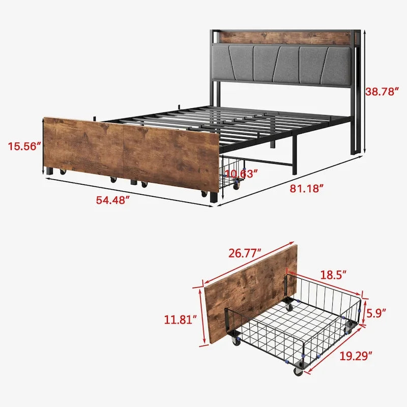 Full Size Bed with Storage Headboard, Two Drawers &Charging Station