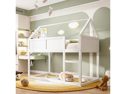 Bunk bed 90x200cm children's cabin bed with stairs and 1x slatted base on top, solid white wood frame
