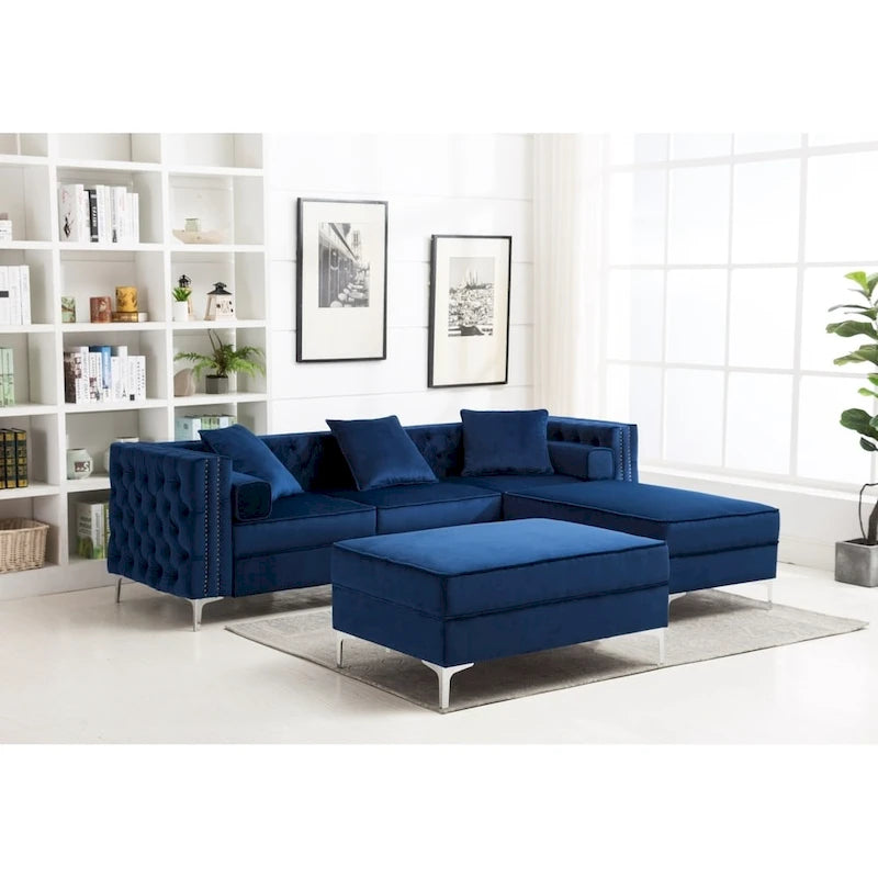 Modern Tufted Upholstered Living Room Sofa with Reversible Ottoman