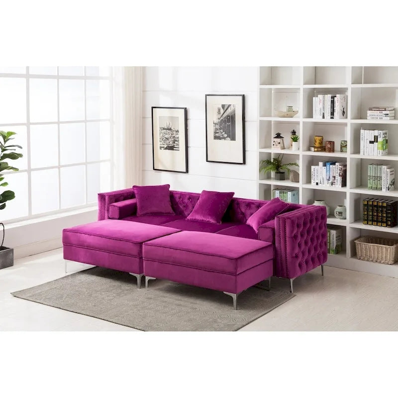 Modern Tufted Upholstered Living Room Sofa with Reversible Ottoman