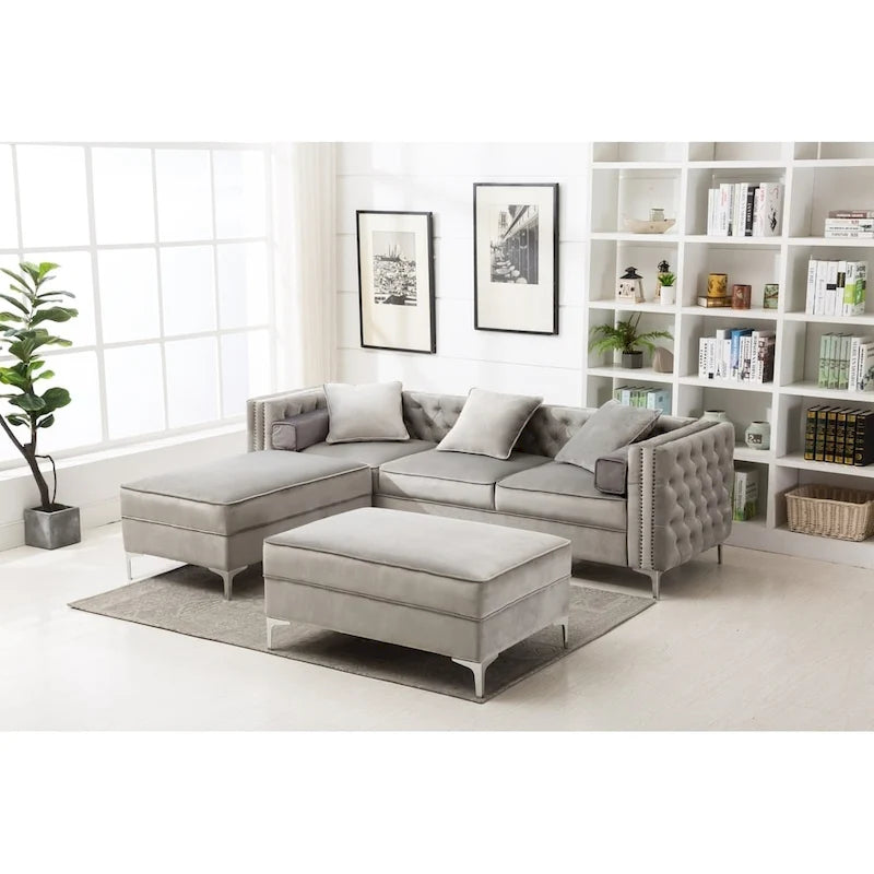 Modern Tufted Upholstered Living Room Sofa with Reversible Ottoman