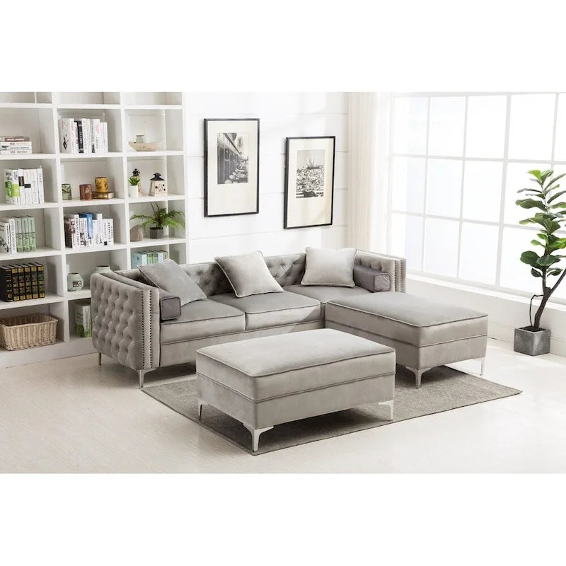 Modern Tufted Upholstered Living Room Sofa with Reversible Ottoman