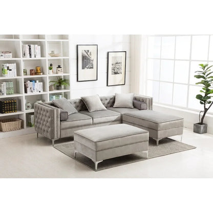 Modern Tufted Upholstered Living Room Sofa with Reversible Ottoman