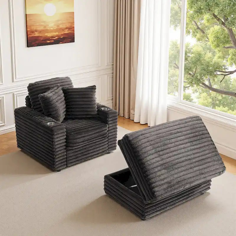 Oversized Cotton Flannel Chaise Longue with Storage Ottoman