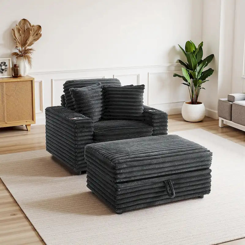 Oversized Cotton Flannel Chaise Longue with Storage Ottoman